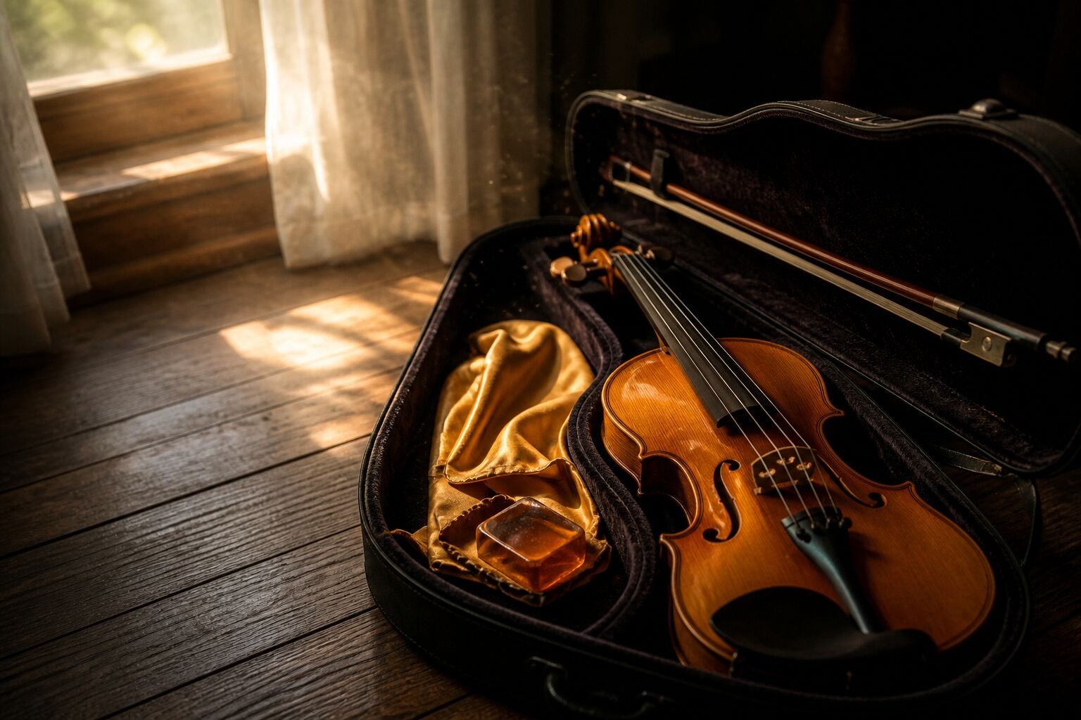 Violin and case in warm afternoon light