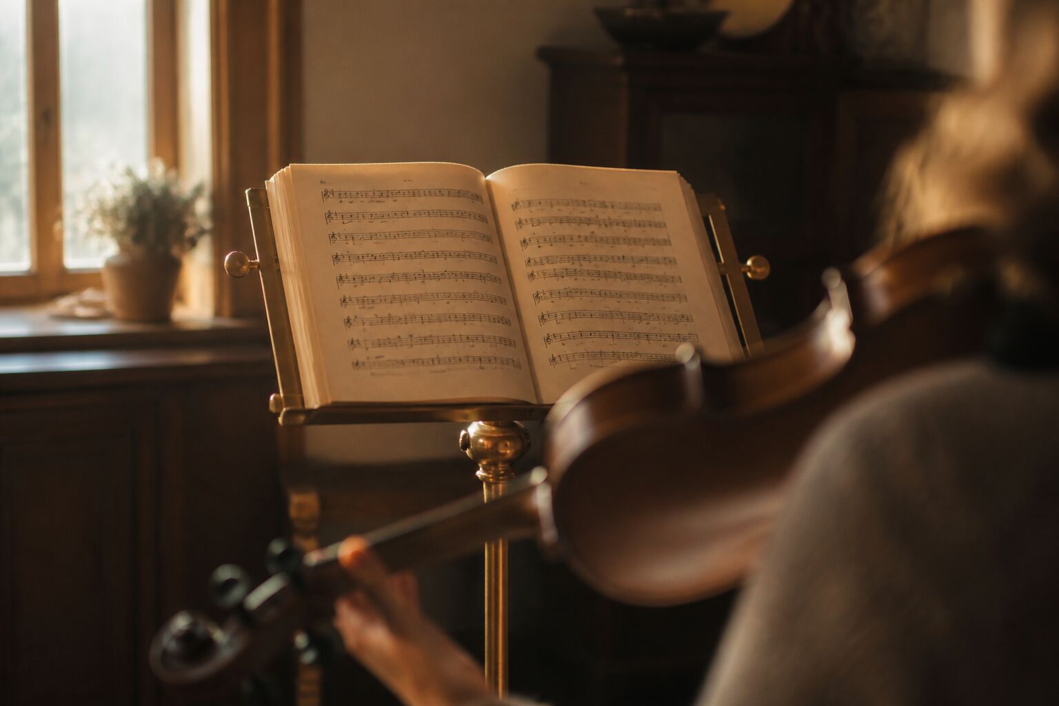 A violin score on a brass stand in warm light