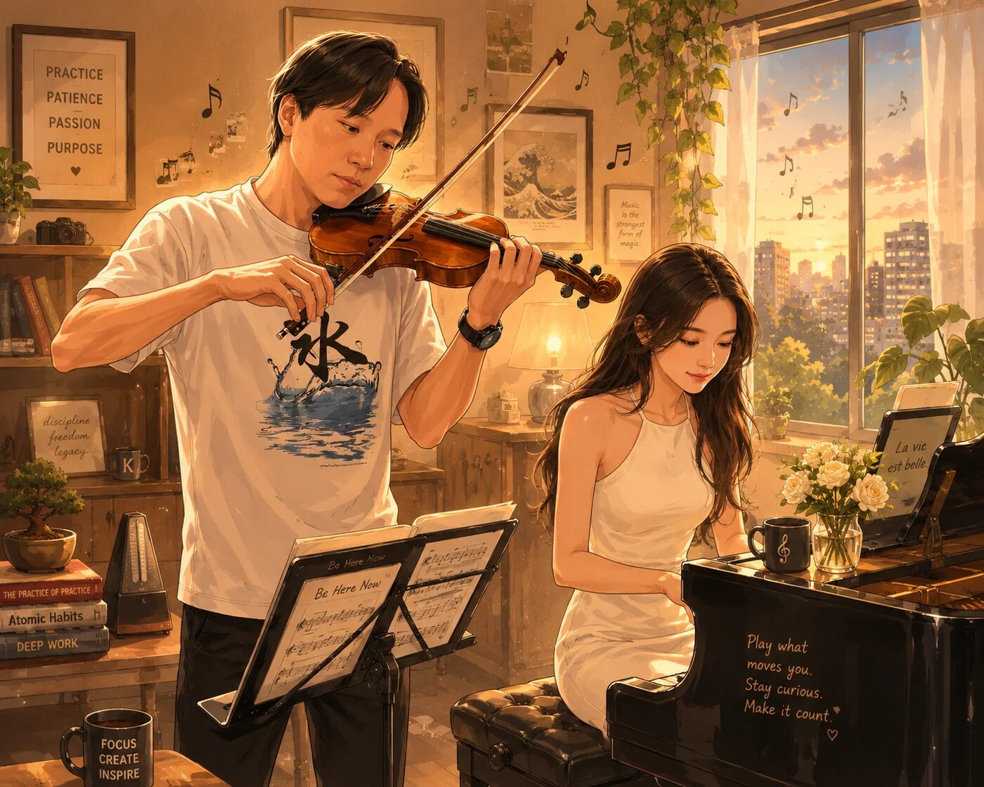 Illustration of a violinist and a pianist playing together at home