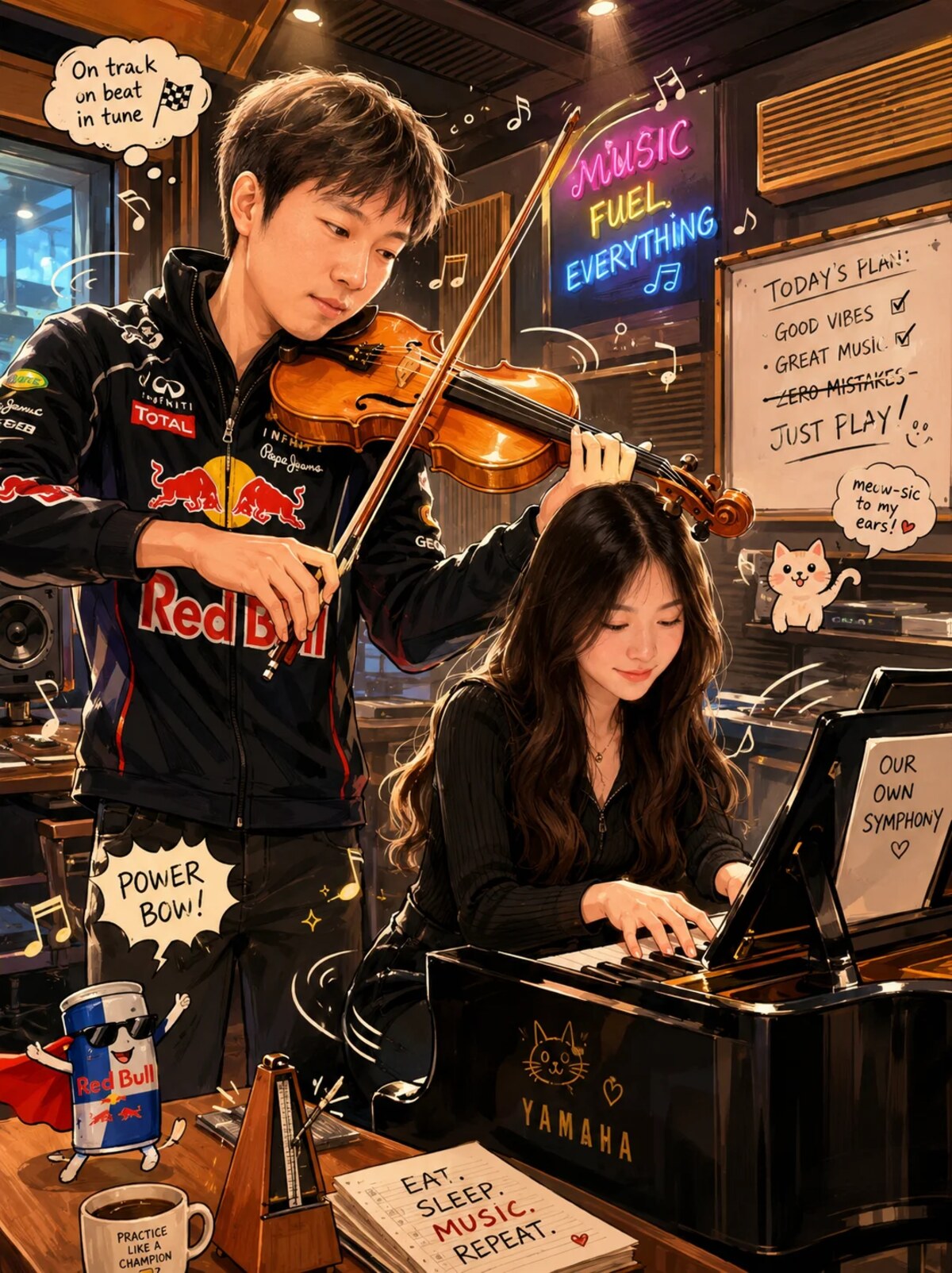 Illustration of a violinist and a pianist in a music studio