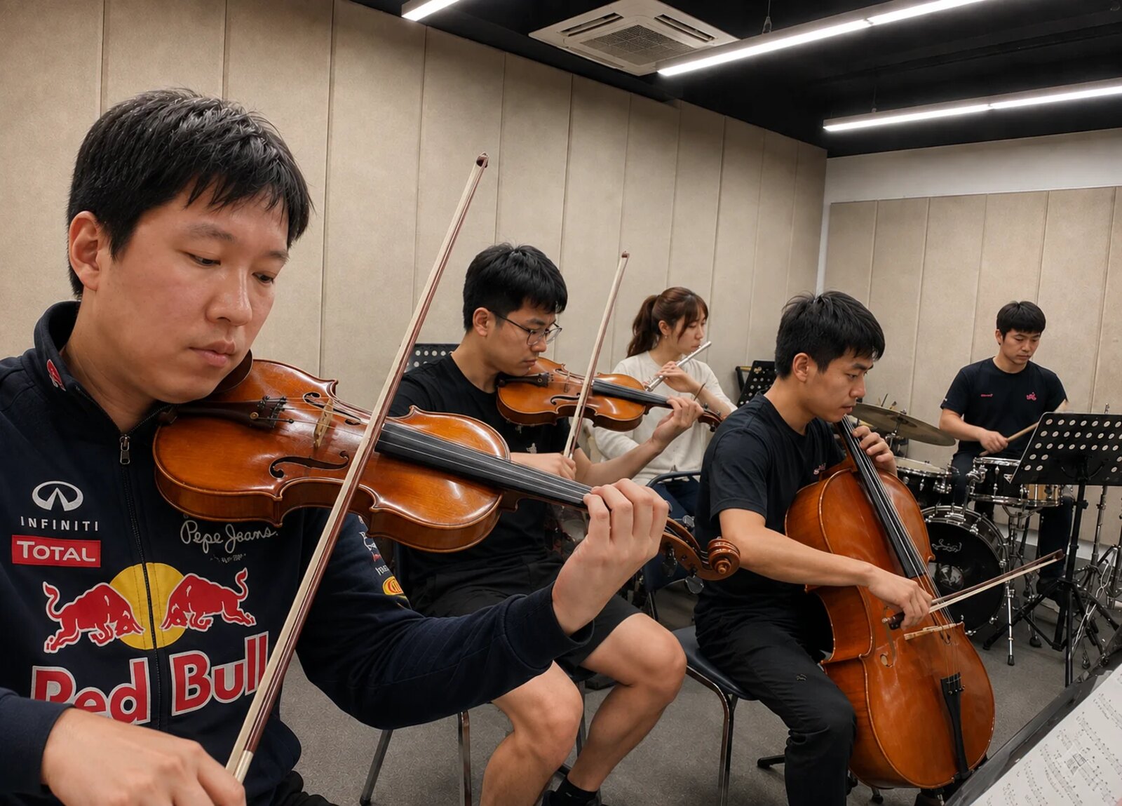 A small ensemble rehearsing together — violins, flute, cello and drums